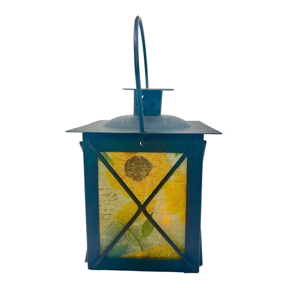 Artisan Crafted Metal Lantern Decoupaged Sunflower Paper Set of 2 One of a Kind